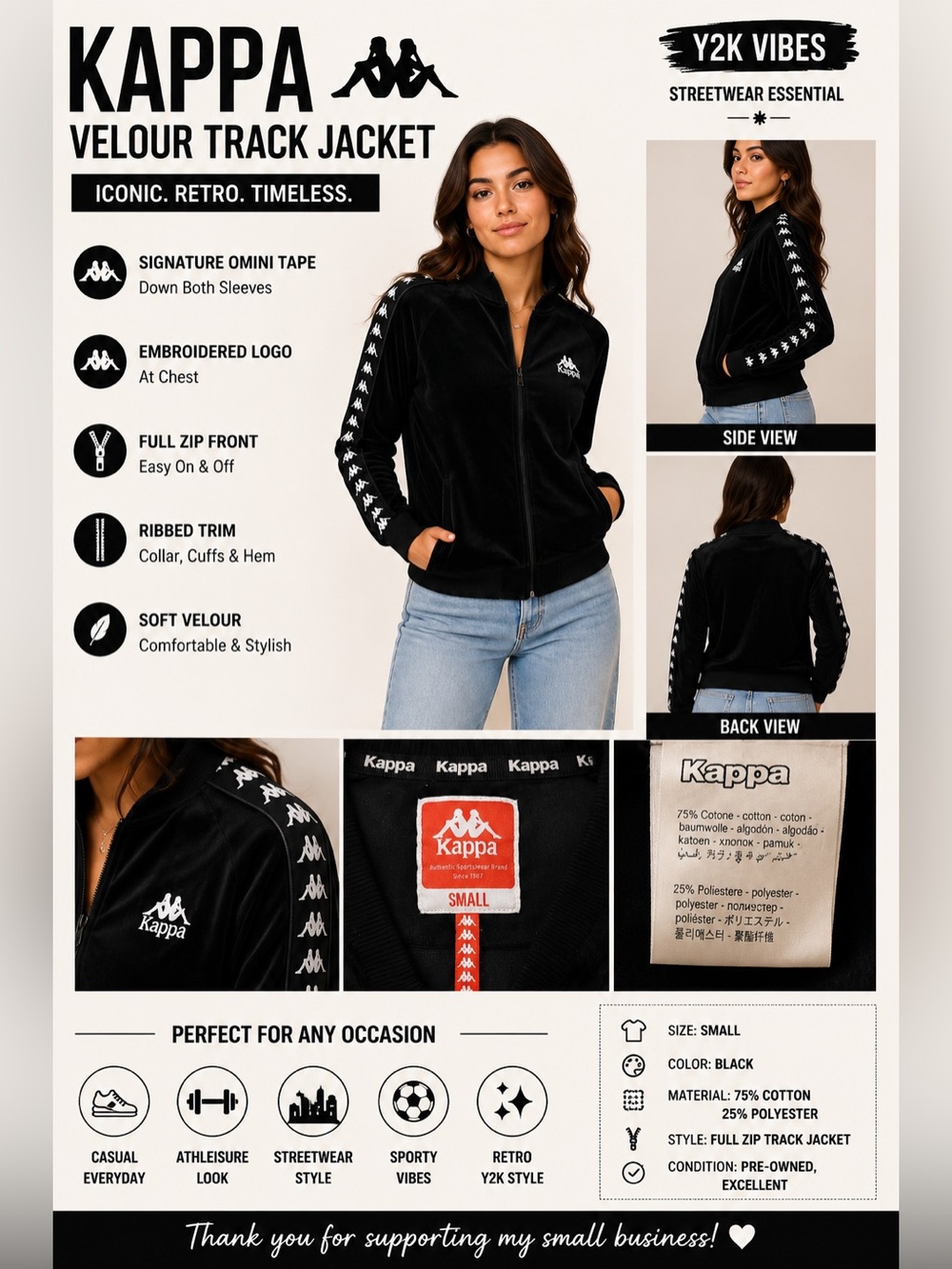 Kappa Black Velour Logo Tape Track Jacket Women’s Size Small Full Zip